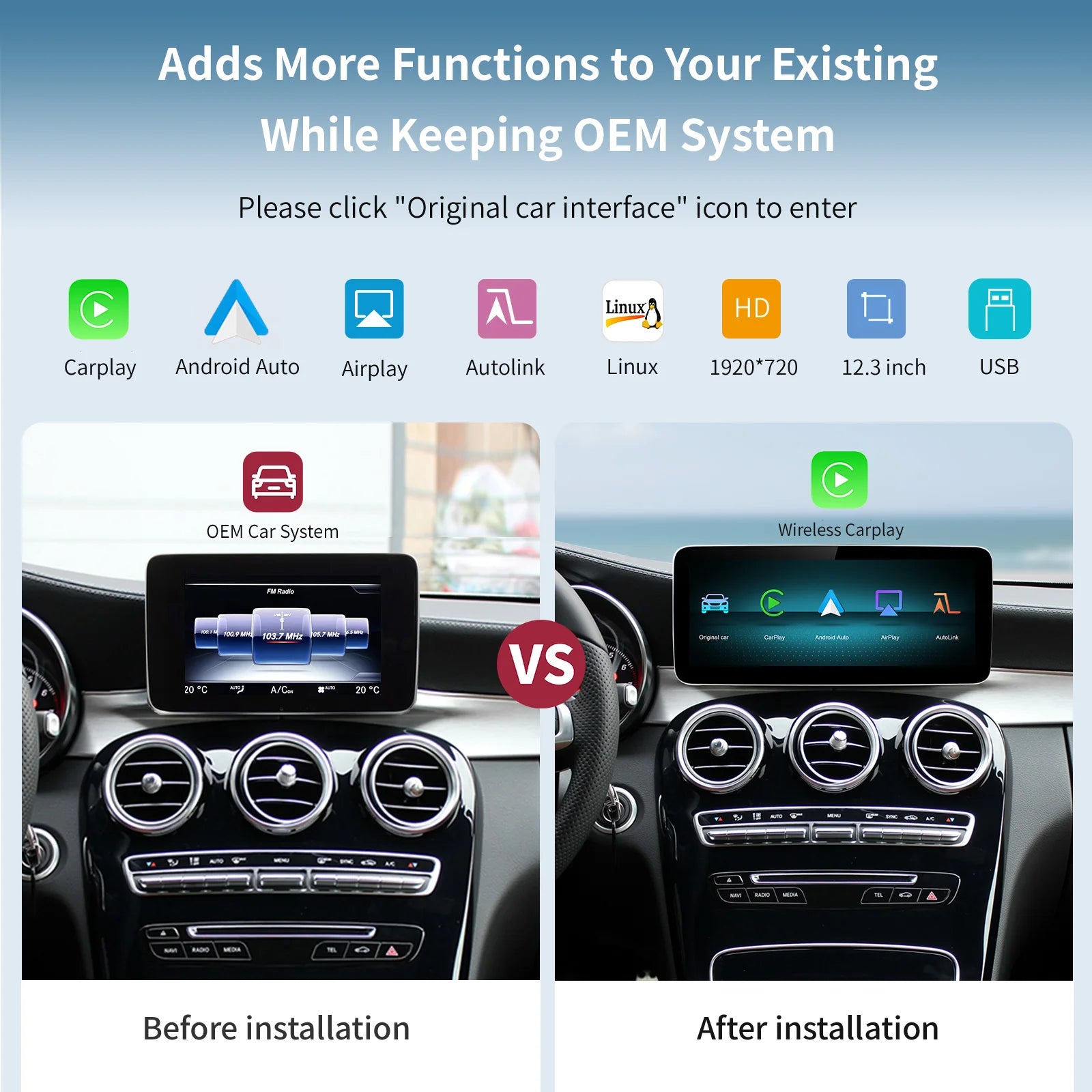 Wireless CarPlay Android Auto 12.3" Screen for Mercedes