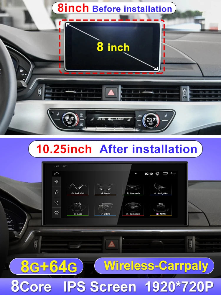 B 10.25inch 8G 64G Color 10.25" Android Car Stereo For Audi A4 A5 S5 – Wireless CarPlay