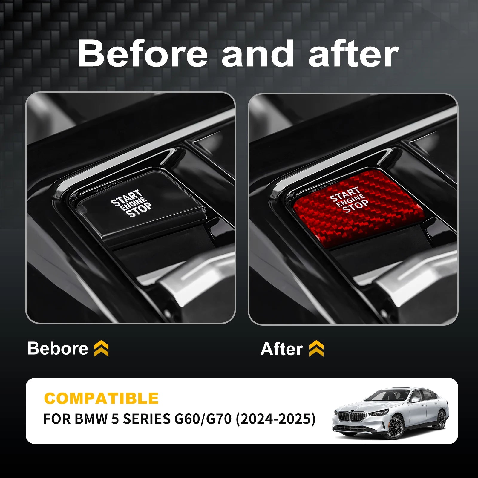 LHD Car Engine Start Stop Button Ignition Switch Cover for BMW 5 7 Series G60 G70 2024 2025 Real Hard Carbon Fiber Sticker 1pcs