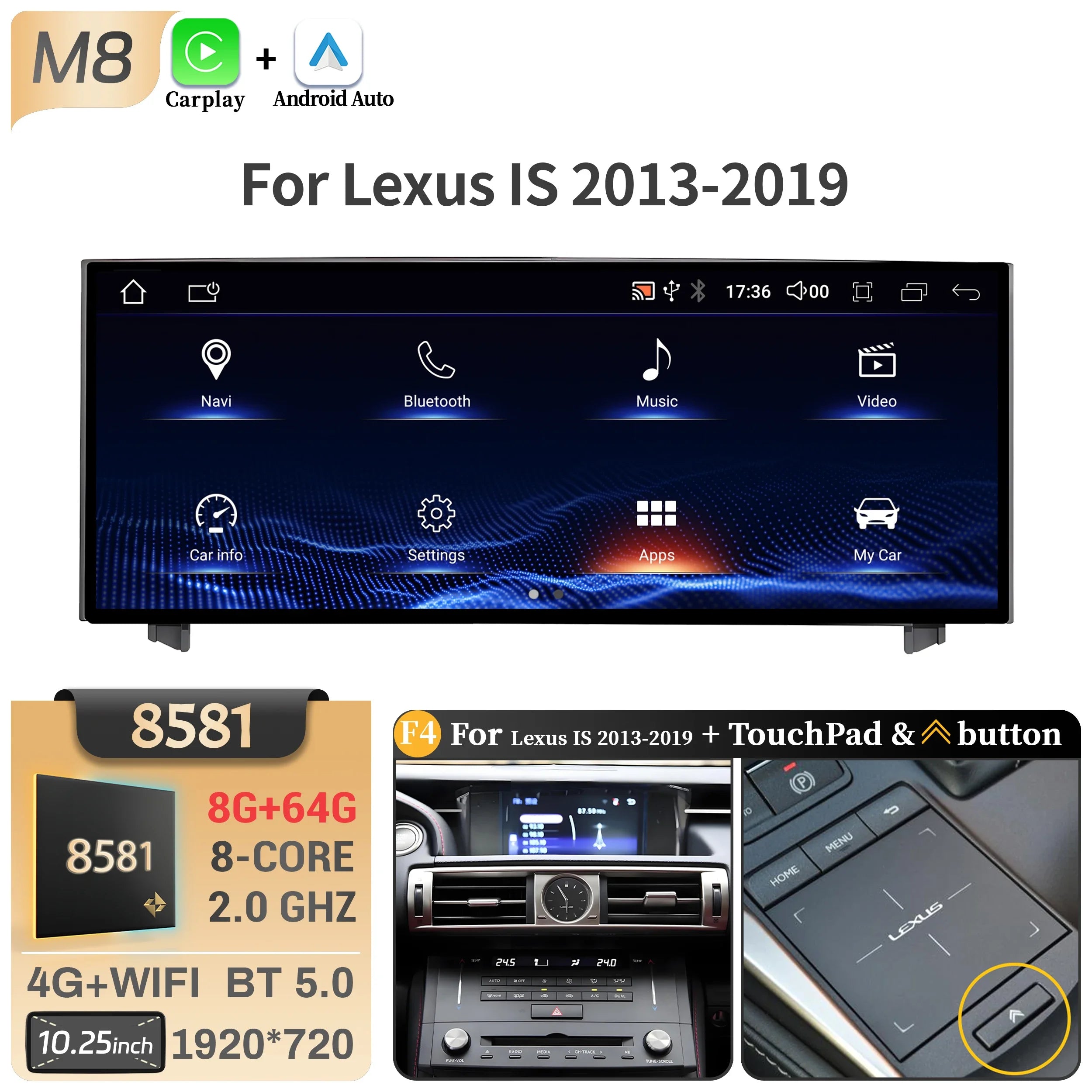 10.25"Android 14 For Lexus IS RC 200 250 300 350 200t 300h 2013-2019 Car Radio Multimedia CarPlay Snapdragon 668S Touch Screen