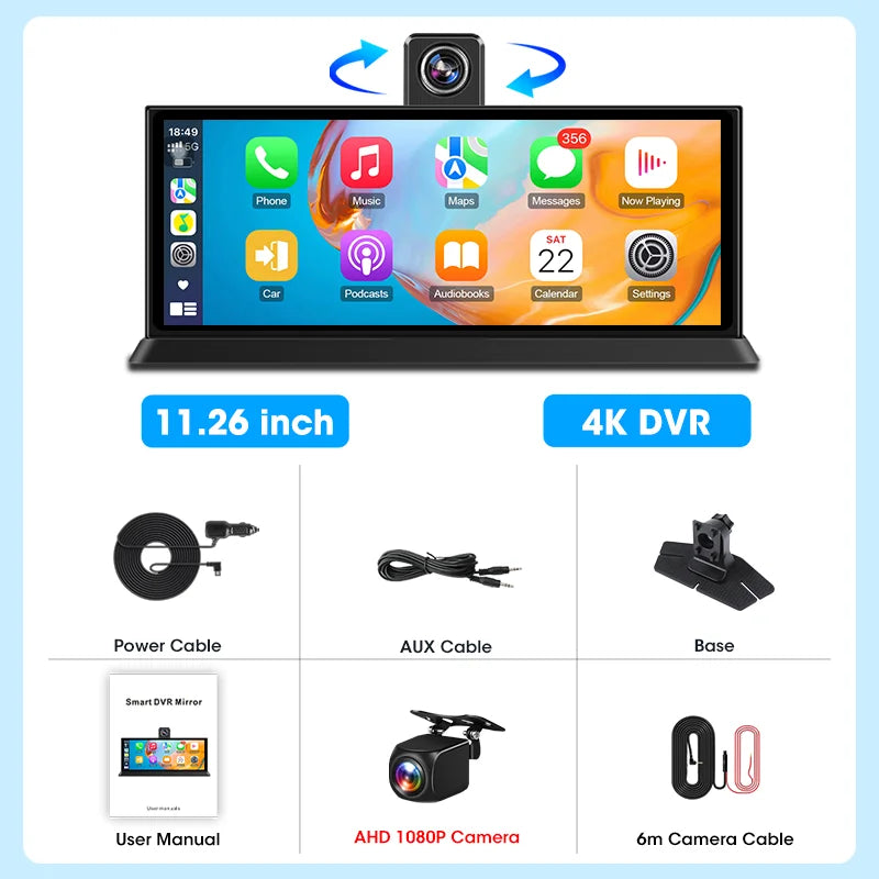 10.26/11.26 inch 4K Dashcam Wireless Carplay Android Auto Car DVR Rearview Camera Video Recorder Multimedia Car Accessorie FM