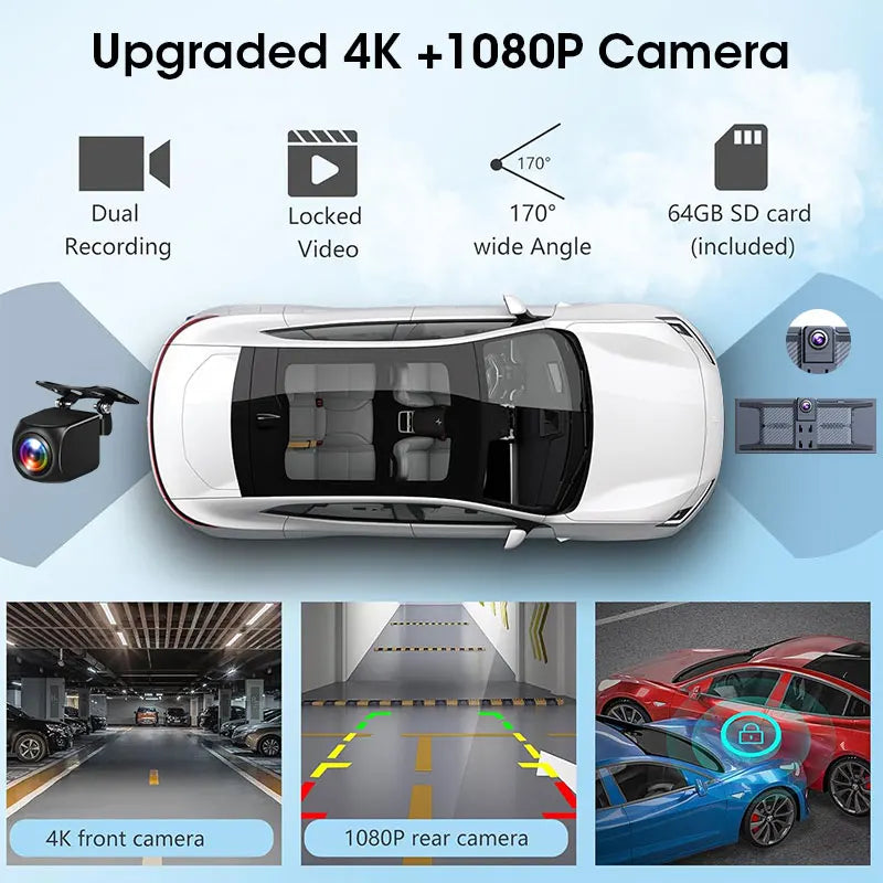 10.26/11.26 inch 4K Dashcam Wireless Carplay Android Auto Car DVR Rearview Camera Video Recorder Multimedia Car Accessorie FM