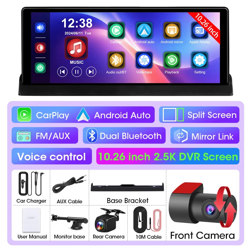 10.26'' Dash Cam 2.5K Car DVR Wireless Carplay Android Auto GPS Navigation Dual Len Video Recorder Dashboard Rearview Camera AUX