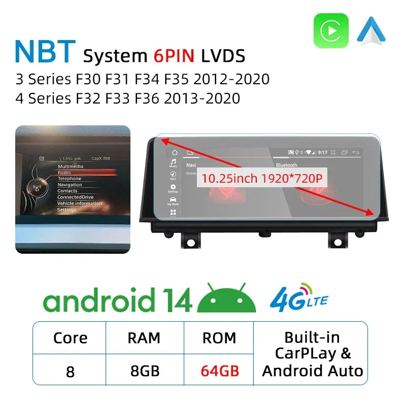 10.25inch Android 14 CarPlay For BMW 3 Series F30 F31 F34 F35 2012-2020 GPS Multimedia Player Navigation Auto Radio Stereo DSP
