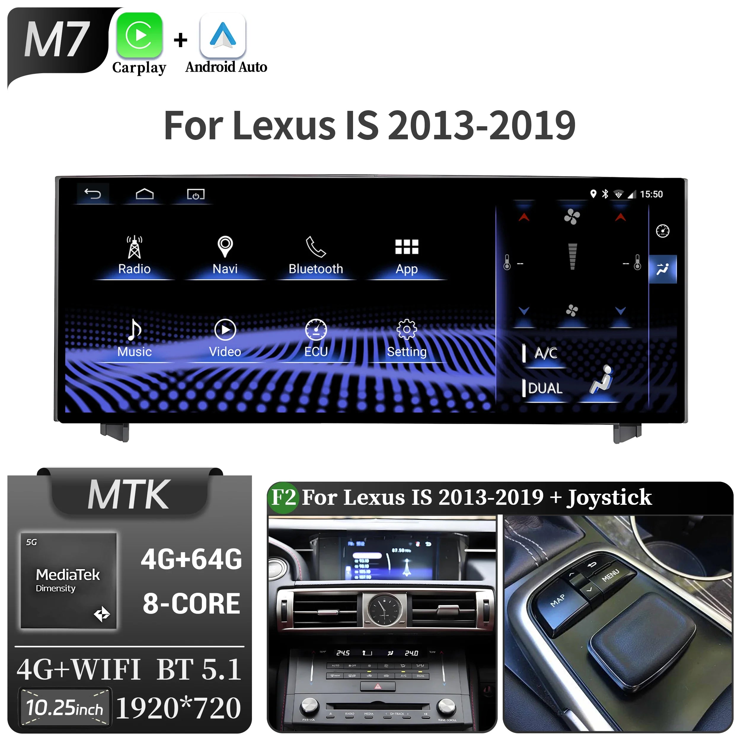 10.25"Android 14 For Lexus IS RC 200 250 300 350 200t 300h 2013-2019 Car Radio Multimedia CarPlay Snapdragon 668S Touch Screen