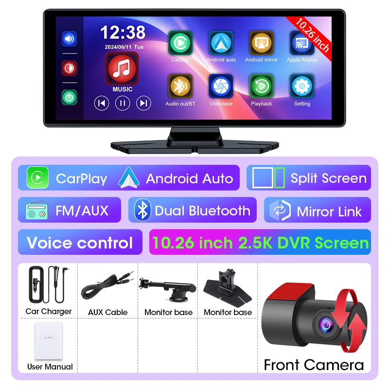 10.26'' Dash Cam 2.5K Car DVR Wireless Carplay Android Auto GPS Navigation Dual Len Video Recorder Dashboard Rearview Camera AUX