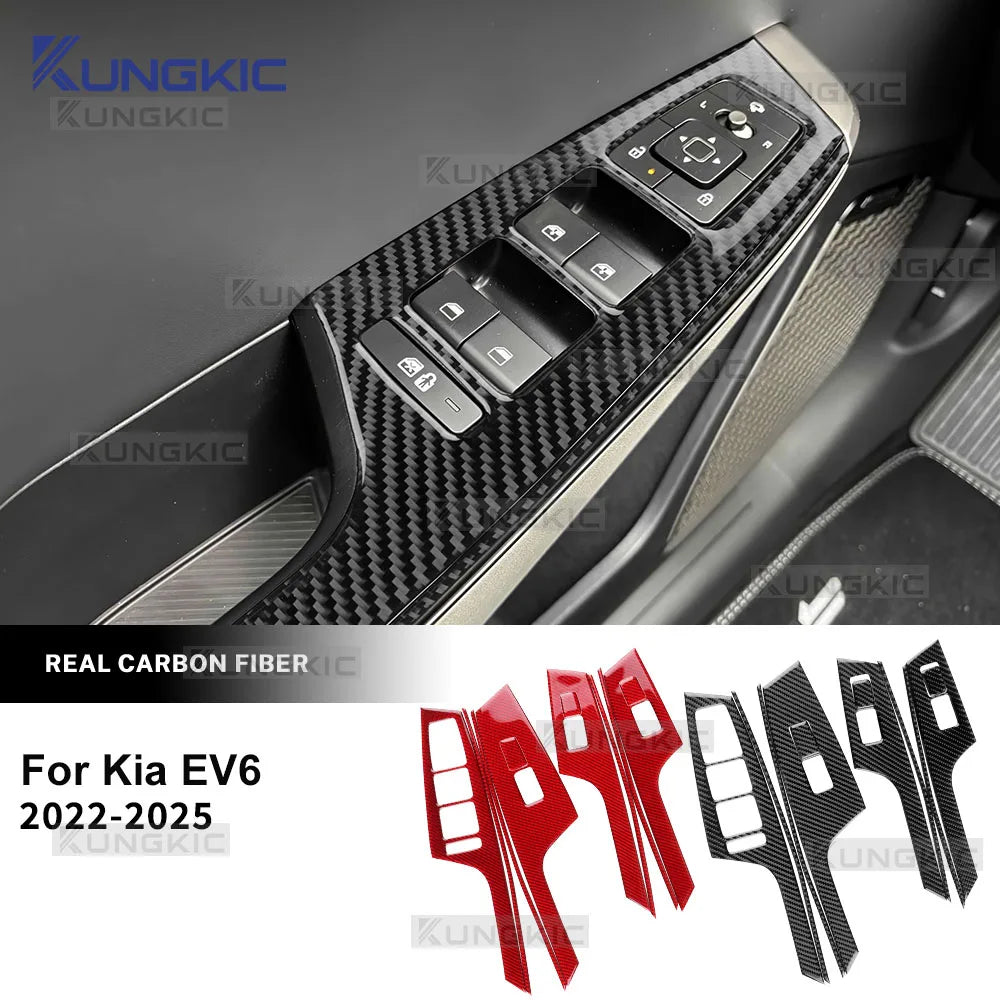 Real Soft Carbon Fiber Sticker For Kia EV6 GT EV 2022 2023 2024 2025 LHD RHD Car Window Lift Button Decor Frame Interior Trim
