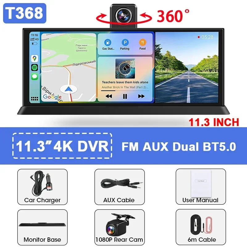 11.3 inch Dash Cam 4K 360° Rotating Camera Wireless Carplay Android Auto Car DVR Dashboard Video Recorder Car Intelligent Screen