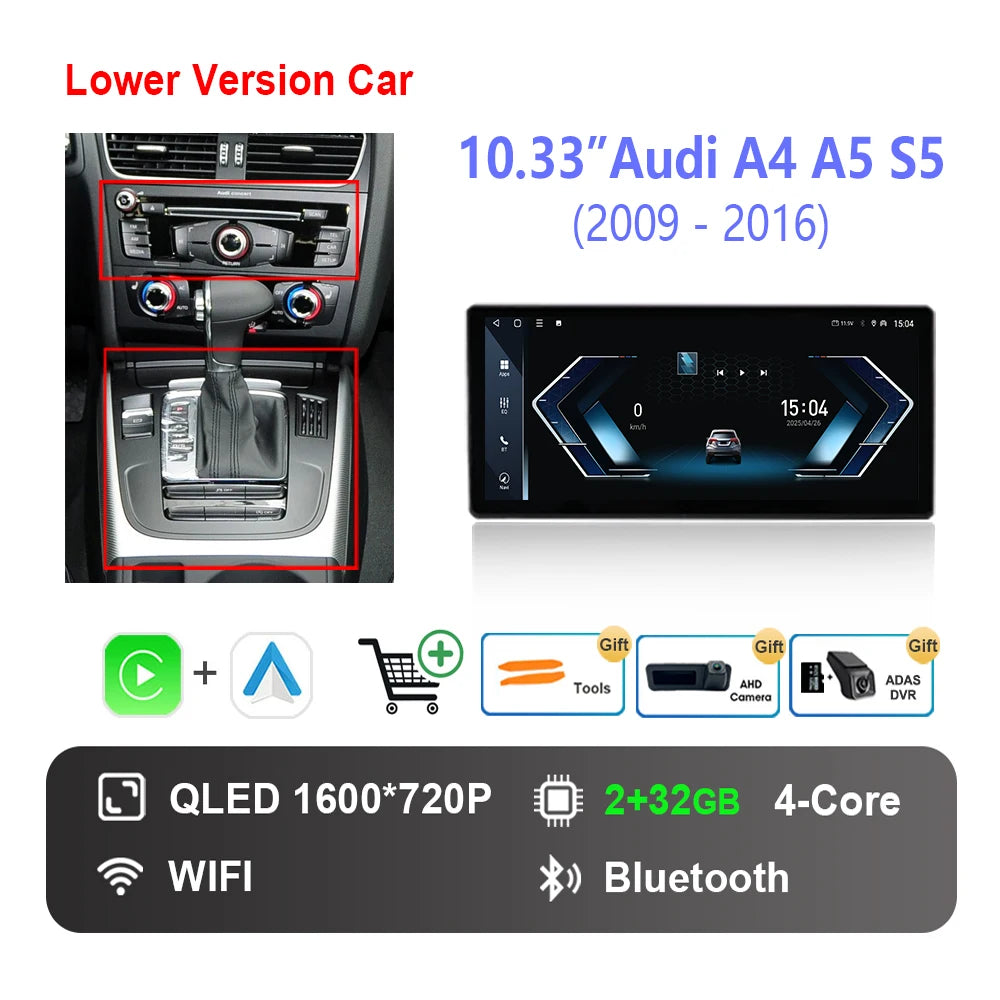 10.33 "/12.3"  for Audi A4 A5 S5 2009 - 2016 Wireless Carplay HD Touch Screen Android 14 Car Radio Video Multimedia Player