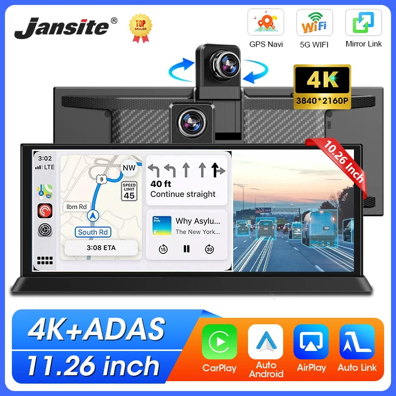 11.26 Inch ADAS DVR 4K Camera Wireless CarPlay Android Auto Bluetooth GPS Navigation Dashboard Video Recorder Dual Lens Dashcam