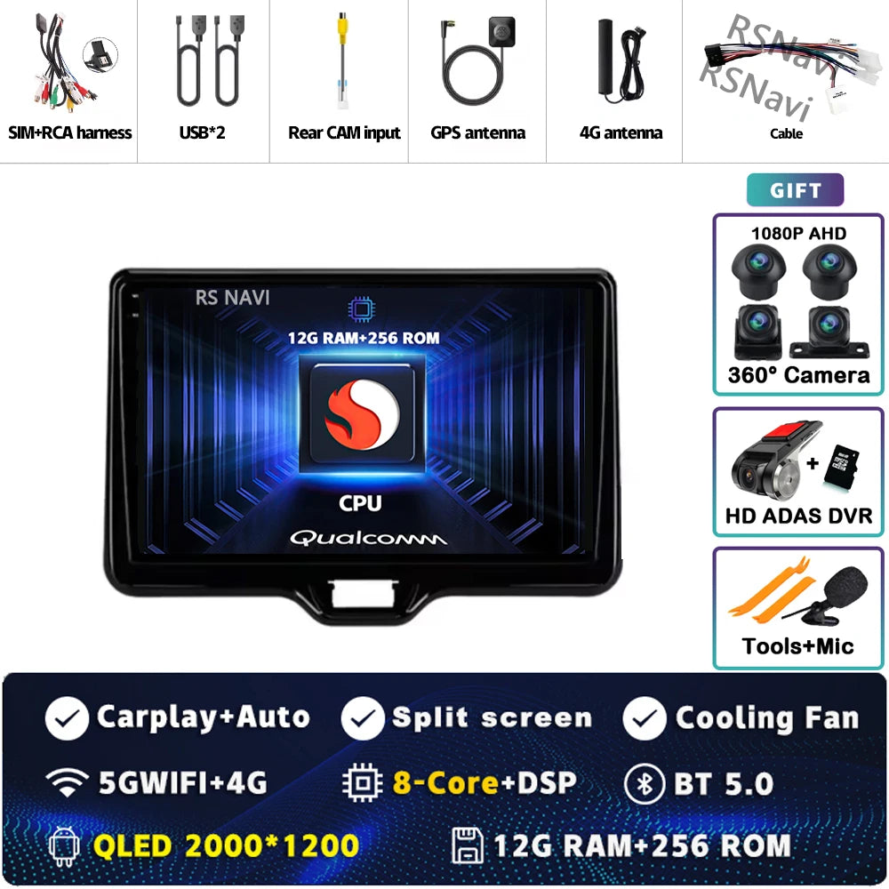 2K 12G-256G 360 DVR Color Android Car Stereo For Toyota Yaris QLED 2K GPS CarPlay