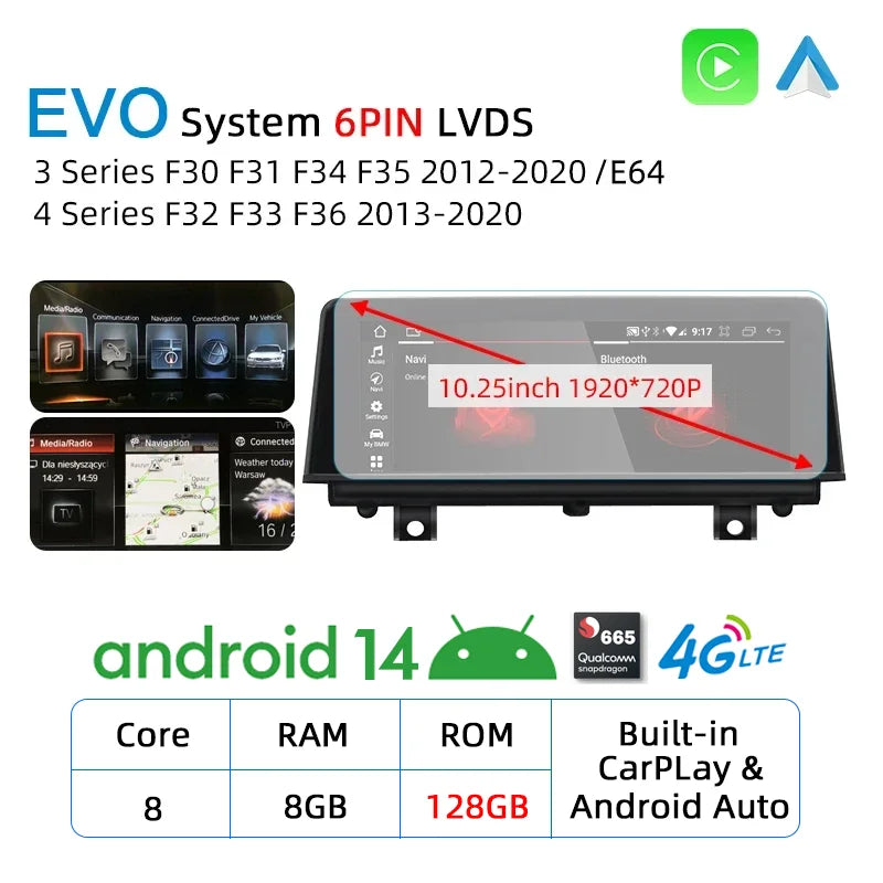 10.25inch Android 14 CarPlay For BMW 3 Series F30 F31 F34 F35 2012-2020 GPS Multimedia Player Navigation Auto Radio Stereo DSP