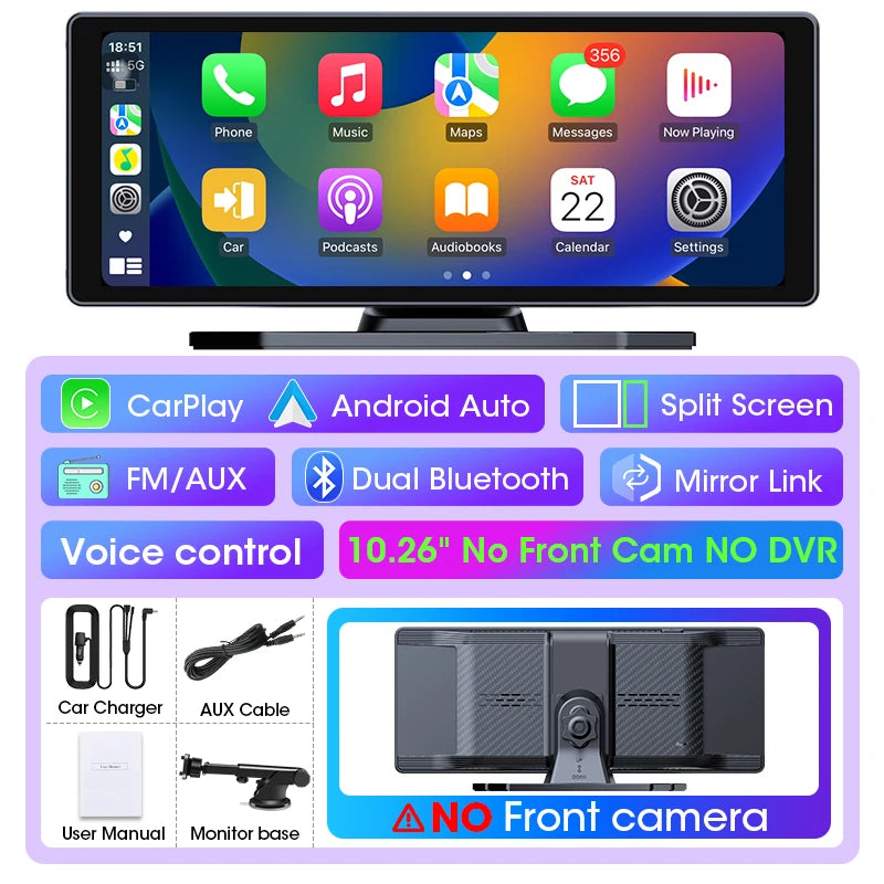 10.26'' Dash Cam 2.5K Car DVR Wireless Carplay Android Auto GPS Navigation Dual Len Video Recorder Dashboard Rearview Camera AUX