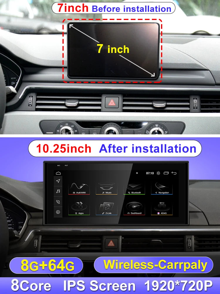 A 10.25inch 8G 64G Color 10.25" Android Car Stereo For Audi A4 A5 S5 – Wireless CarPlay