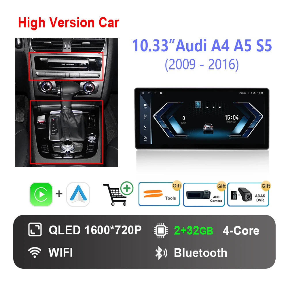 10.33 "/12.3"  for Audi A4 A5 S5 2009 - 2016 Wireless Carplay HD Touch Screen Android 14 Car Radio Video Multimedia Player