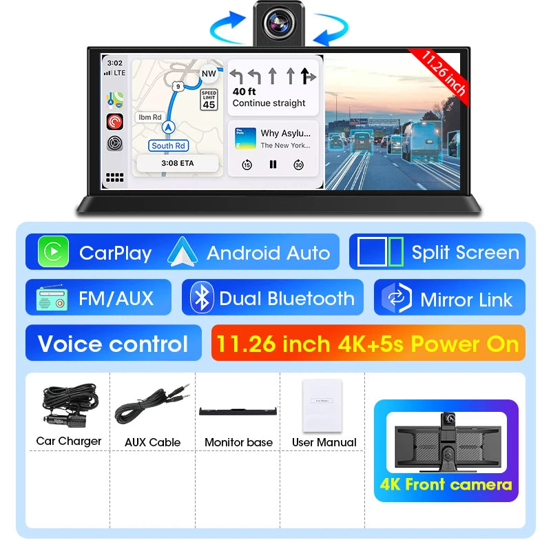 11.26 Inch ADAS DVR 4K Camera Wireless CarPlay Android Auto Bluetooth GPS Navigation Dashboard Video Recorder Dual Lens Dashcam
