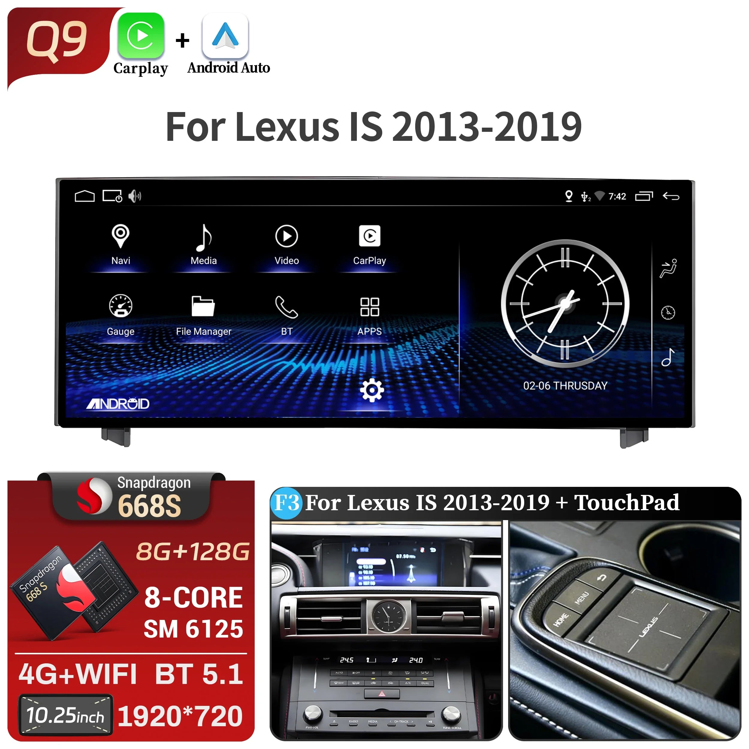 10.25"Android 14 For Lexus IS RC 200 250 300 350 200t 300h 2013-2019 Car Radio Multimedia CarPlay Snapdragon 668S Touch Screen