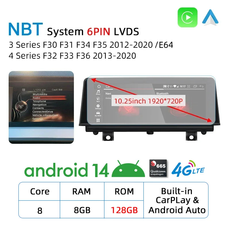 10.25inch Android 14 CarPlay For BMW 3 Series F30 F31 F34 F35 2012-2020 GPS Multimedia Player Navigation Auto Radio Stereo DSP
