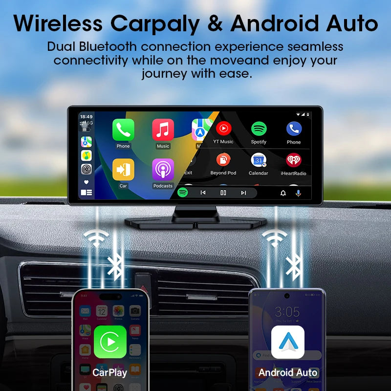 10.26'' Dash Cam 2.5K Car DVR Wireless Carplay Android Auto GPS Navigation Dual Len Video Recorder Dashboard Rearview Camera AUX