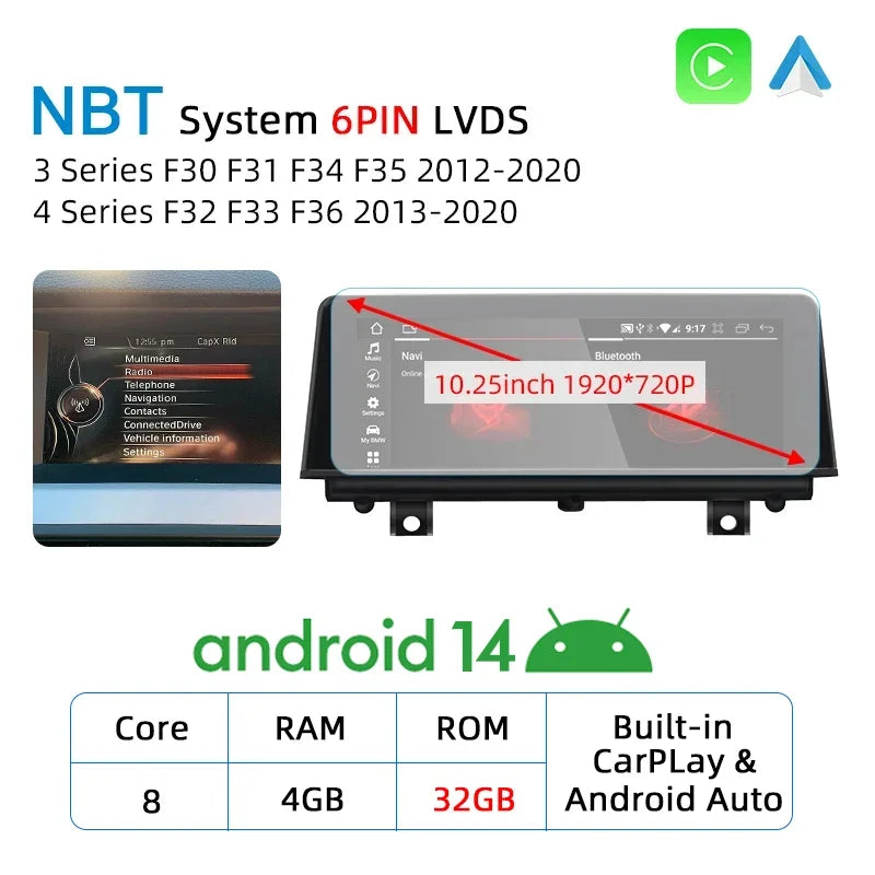 10.25inch Android 14 CarPlay For BMW 3 Series F30 F31 F34 F35 2012-2020 GPS Multimedia Player Navigation Auto Radio Stereo DSP