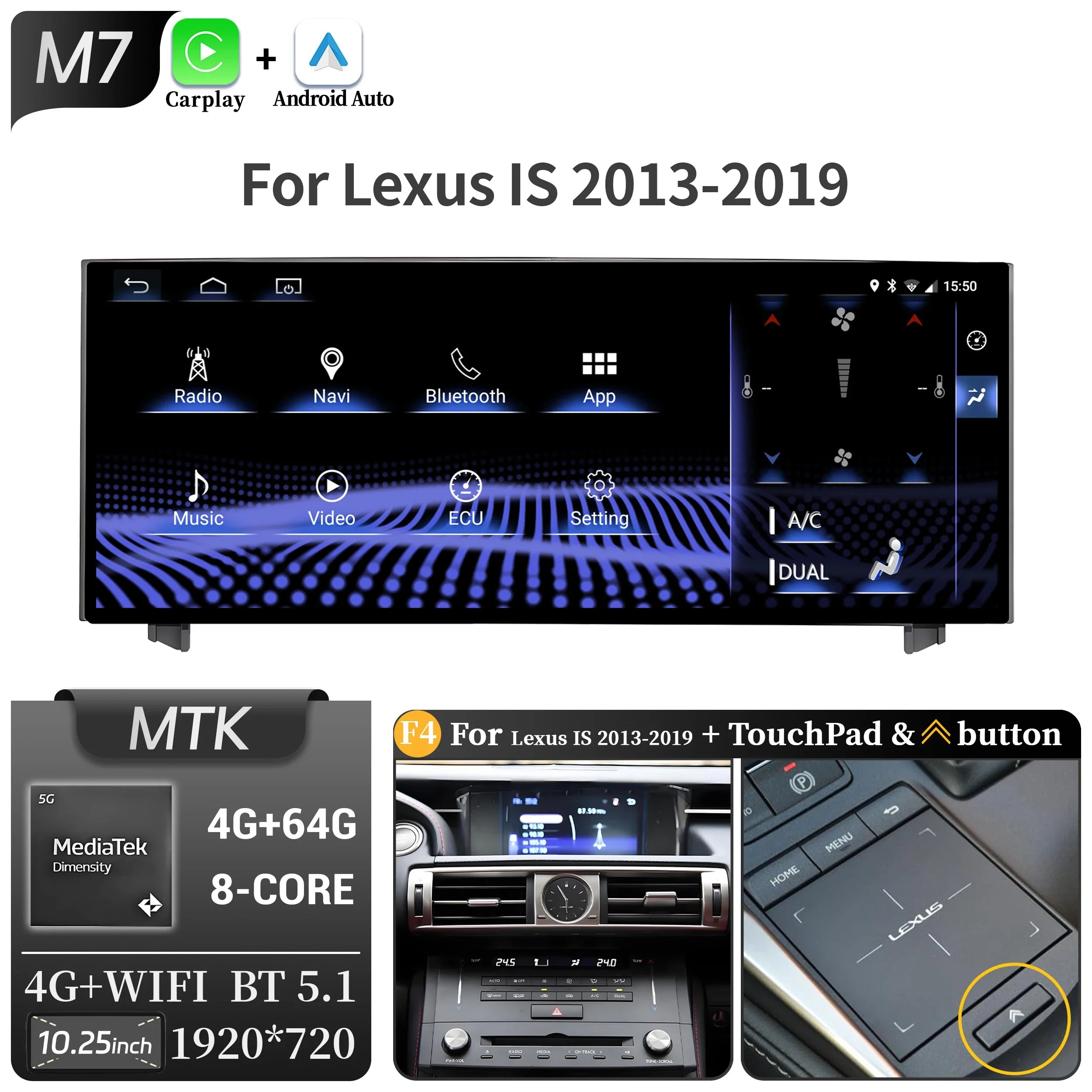 10.25"Android 14 For Lexus IS RC 200 250 300 350 200t 300h 2013-2019 Car Radio Multimedia CarPlay Snapdragon 668S Touch Screen