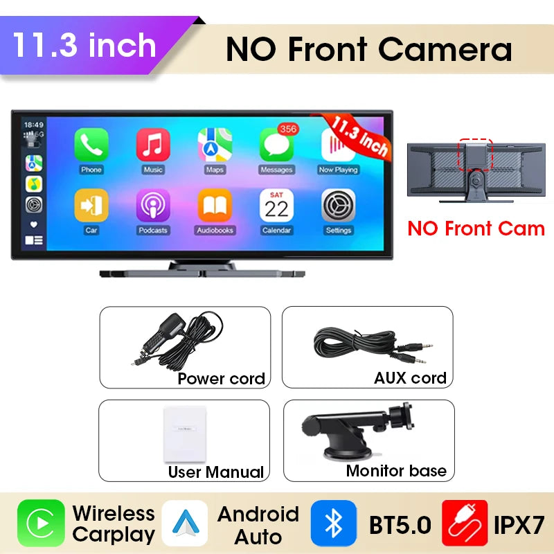 11.26 inch Dash Cam 4K Car DVR Wireless Carplay & Android Auto GPS Navigation Video Recorder Dashboard Dual Lens Wifi FM AUX
