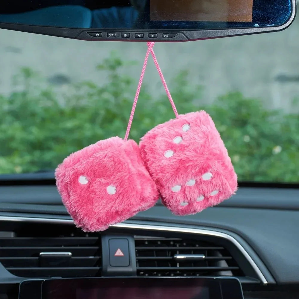 1 Fuzzy Plush Dice with Dots Retro Square Plush Hanging Mirror Fuzzy Dices Kid Toys for Pink Car Interior Ornament Decoration