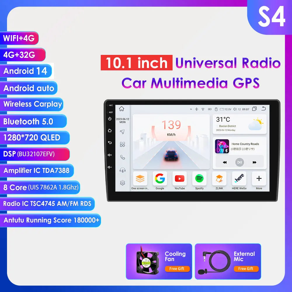 10.1" Wireless Carplay Android Auto Universal Car Radio Multimedia Player for VW Nissan Toyota Volkswagen Hyundai KIA GPS BT RDS