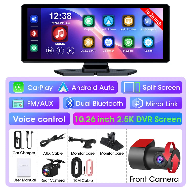 10.26'' Dash Cam 2.5K Car DVR Wireless Carplay Android Auto GPS Navigation Dual Len Video Recorder Dashboard Rearview Camera AUX