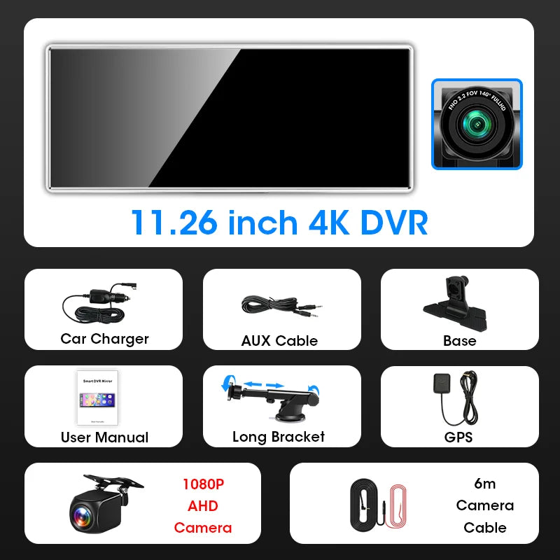 11.26 inch 4K Dash Cam 3840*2160P Car DVR Mirror Video Recording Wireless Carplay & Android Auto GPS Navigation 5G WiFi FM AUX