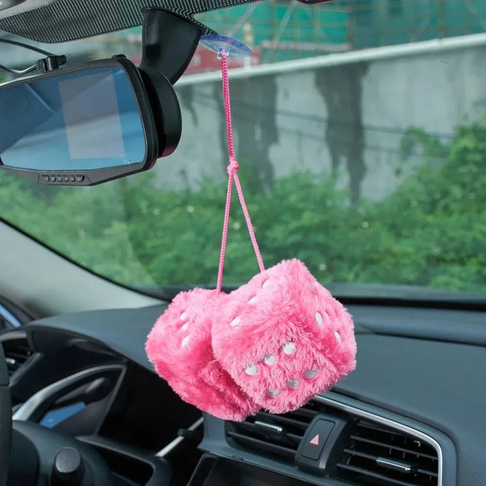1 Fuzzy Plush Dice with Dots Retro Square Plush Hanging Mirror Fuzzy Dices Kid Toys for Pink Car Interior Ornament Decoration