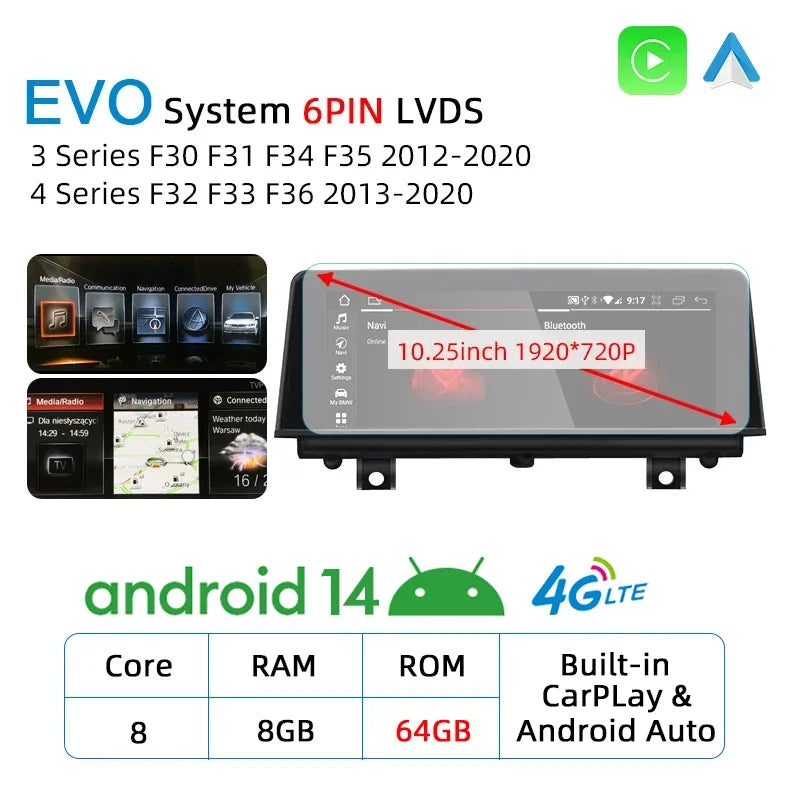 10.25inch Android 14 CarPlay For BMW 3 Series F30 F31 F34 F35 2012-2020 GPS Multimedia Player Navigation Auto Radio Stereo DSP