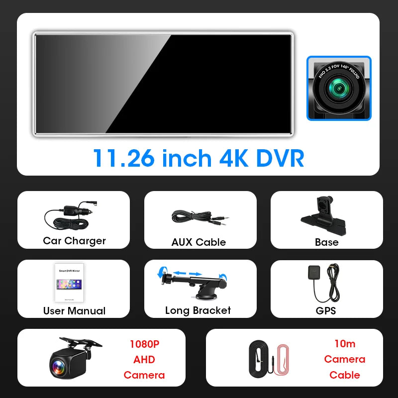 11.26 inch 4K Dash Cam 3840*2160P Car DVR Mirror Video Recording Wireless Carplay & Android Auto GPS Navigation 5G WiFi FM AUX