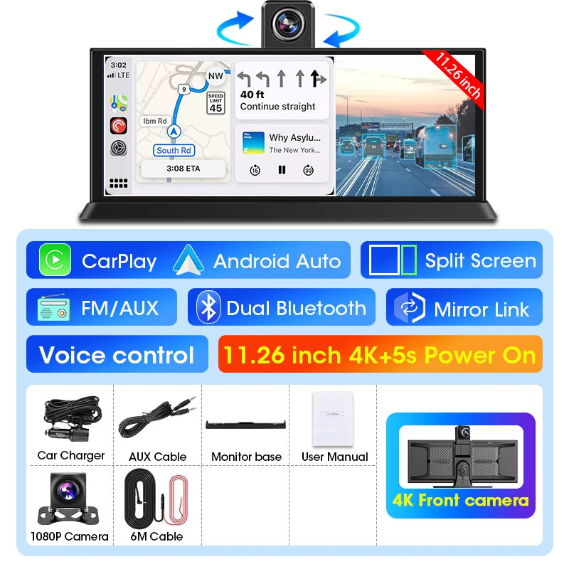 11.26 Inch ADAS DVR 4K Camera Wireless CarPlay Android Auto Bluetooth GPS Navigation Dashboard Video Recorder Dual Lens Dashcam