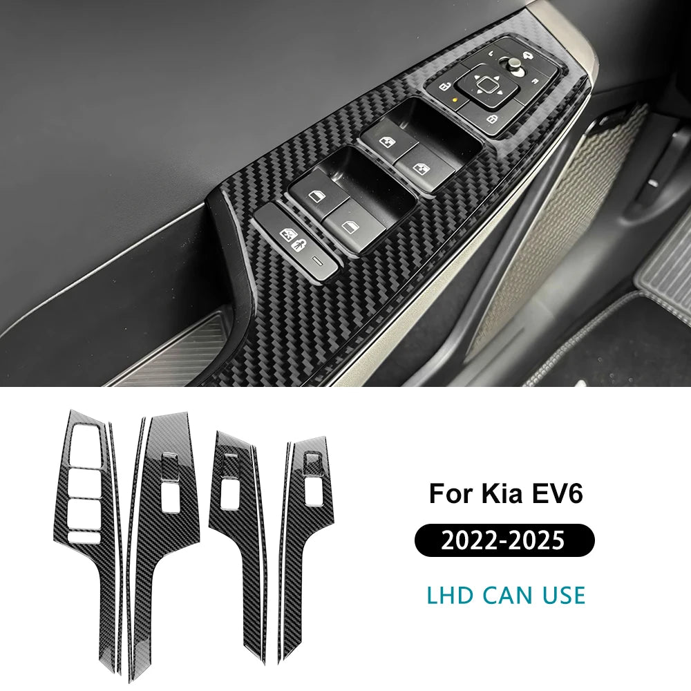 Real Soft Carbon Fiber Sticker For Kia EV6 GT EV 2022 2023 2024 2025 LHD RHD Car Window Lift Button Decor Frame Interior Trim