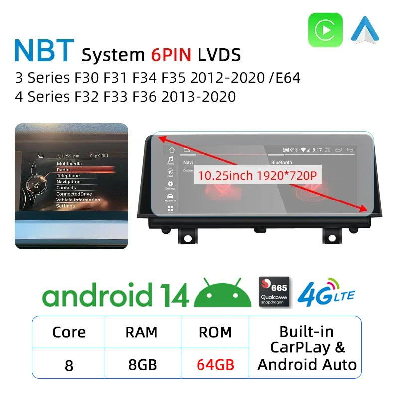 10.25inch Android 14 CarPlay For BMW 3 Series F30 F31 F34 F35 2012-2020 GPS Multimedia Player Navigation Auto Radio Stereo DSP