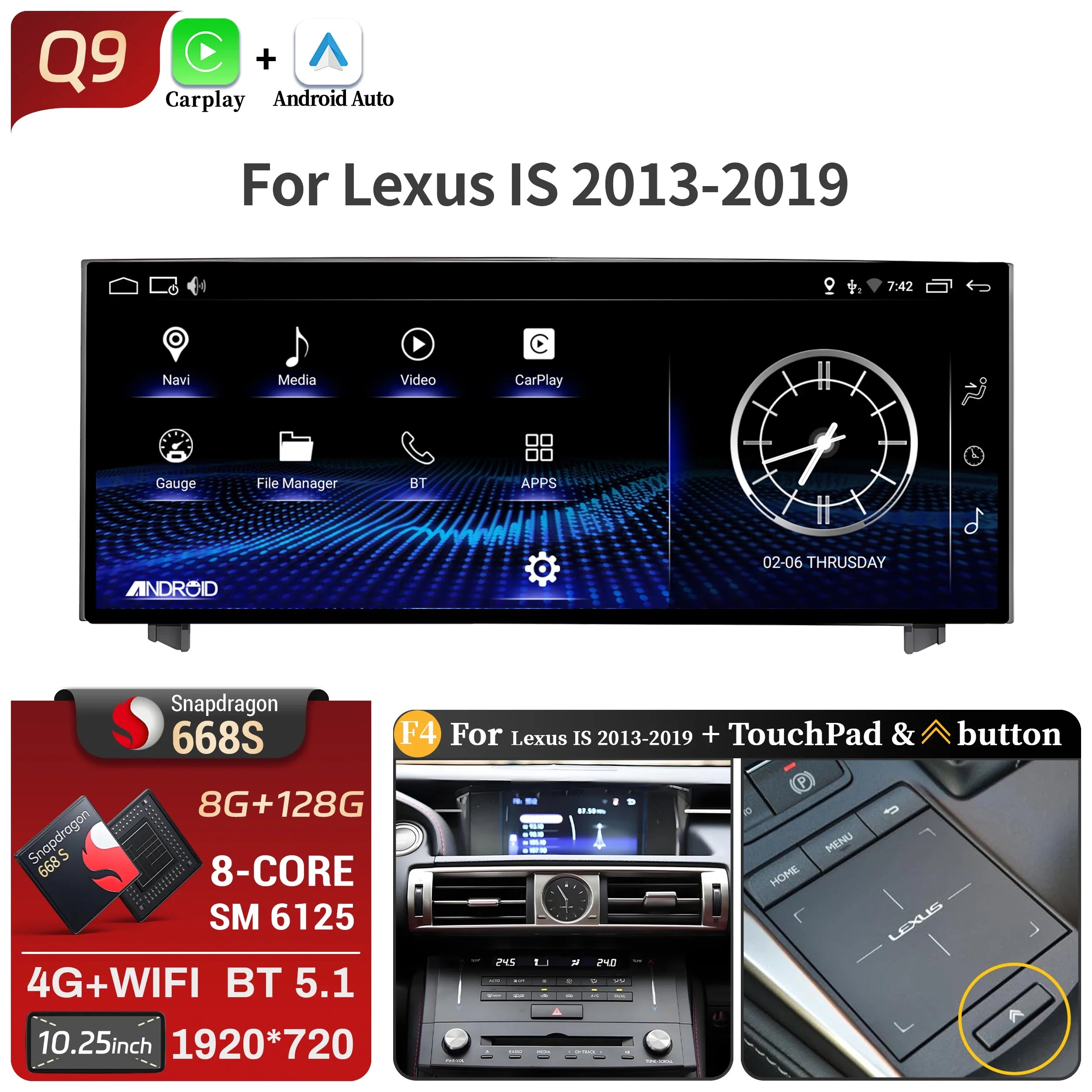 10.25"Android 14 For Lexus IS RC 200 250 300 350 200t 300h 2013-2019 Car Radio Multimedia CarPlay Snapdragon 668S Touch Screen