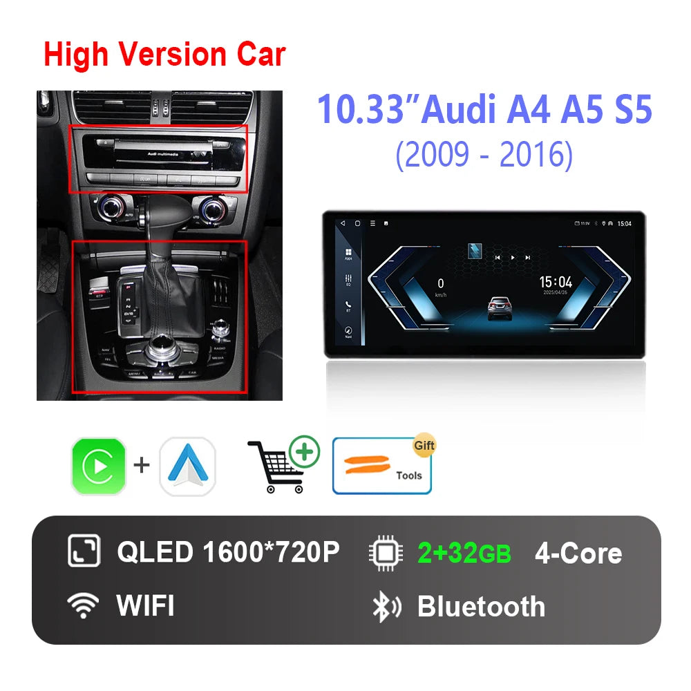 10.33 "/12.3"  for Audi A4 A5 S5 2009 - 2016 Wireless Carplay HD Touch Screen Android 14 Car Radio Video Multimedia Player