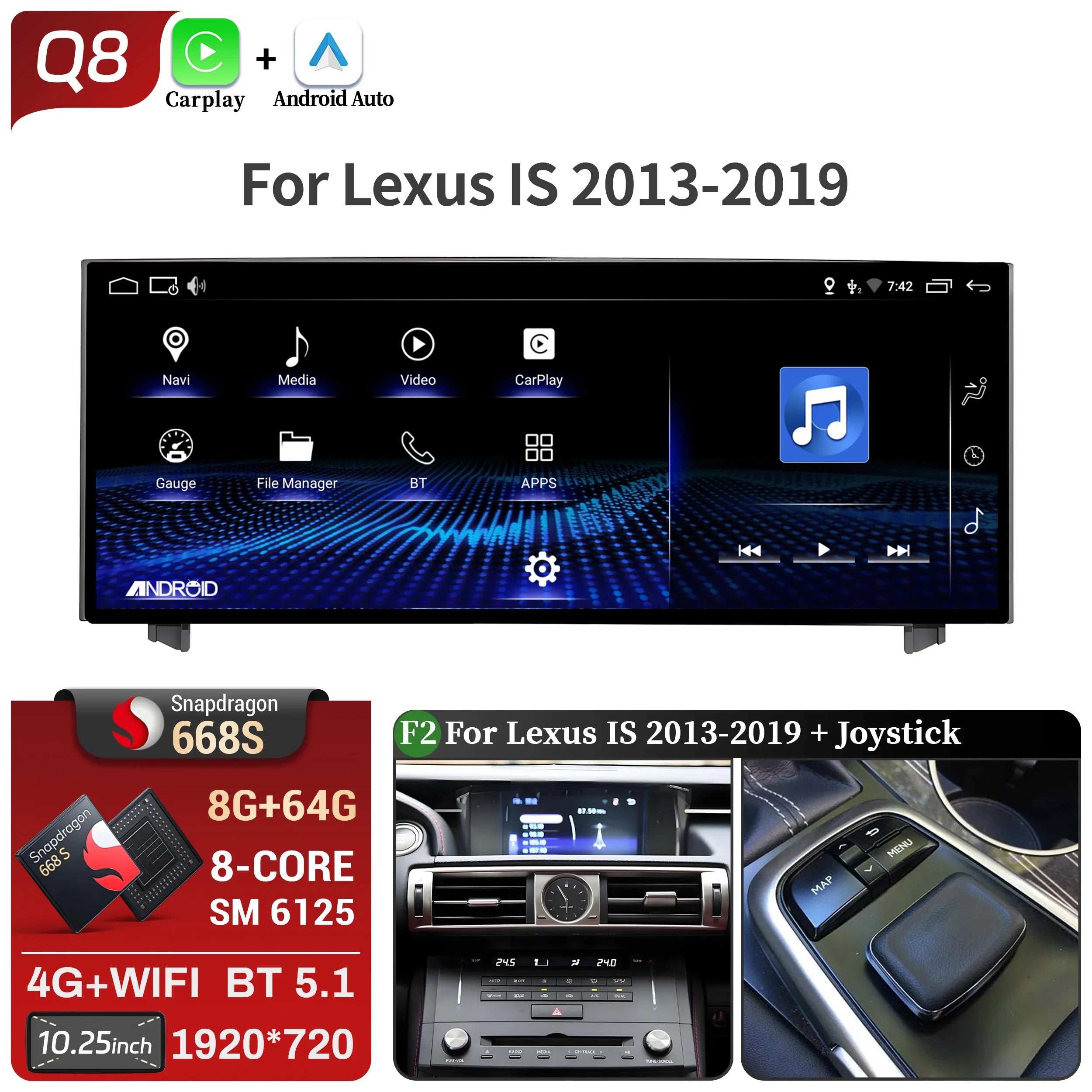 10.25"Android 14 For Lexus IS RC 200 250 300 350 200t 300h 2013-2019 Car Radio Multimedia CarPlay Snapdragon 668S Touch Screen
