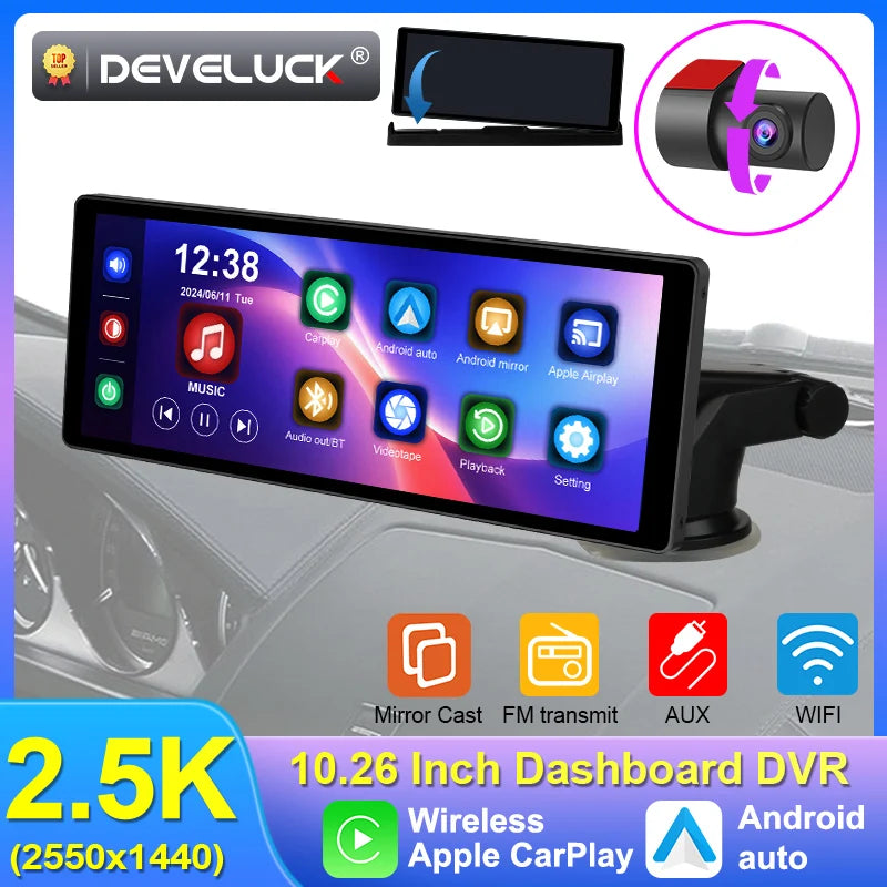 10.26'' Dash Cam 2.5K Car DVR Wireless Carplay Android Auto GPS Navigation Dual Len Video Recorder Dashboard Rearview Camera AUX