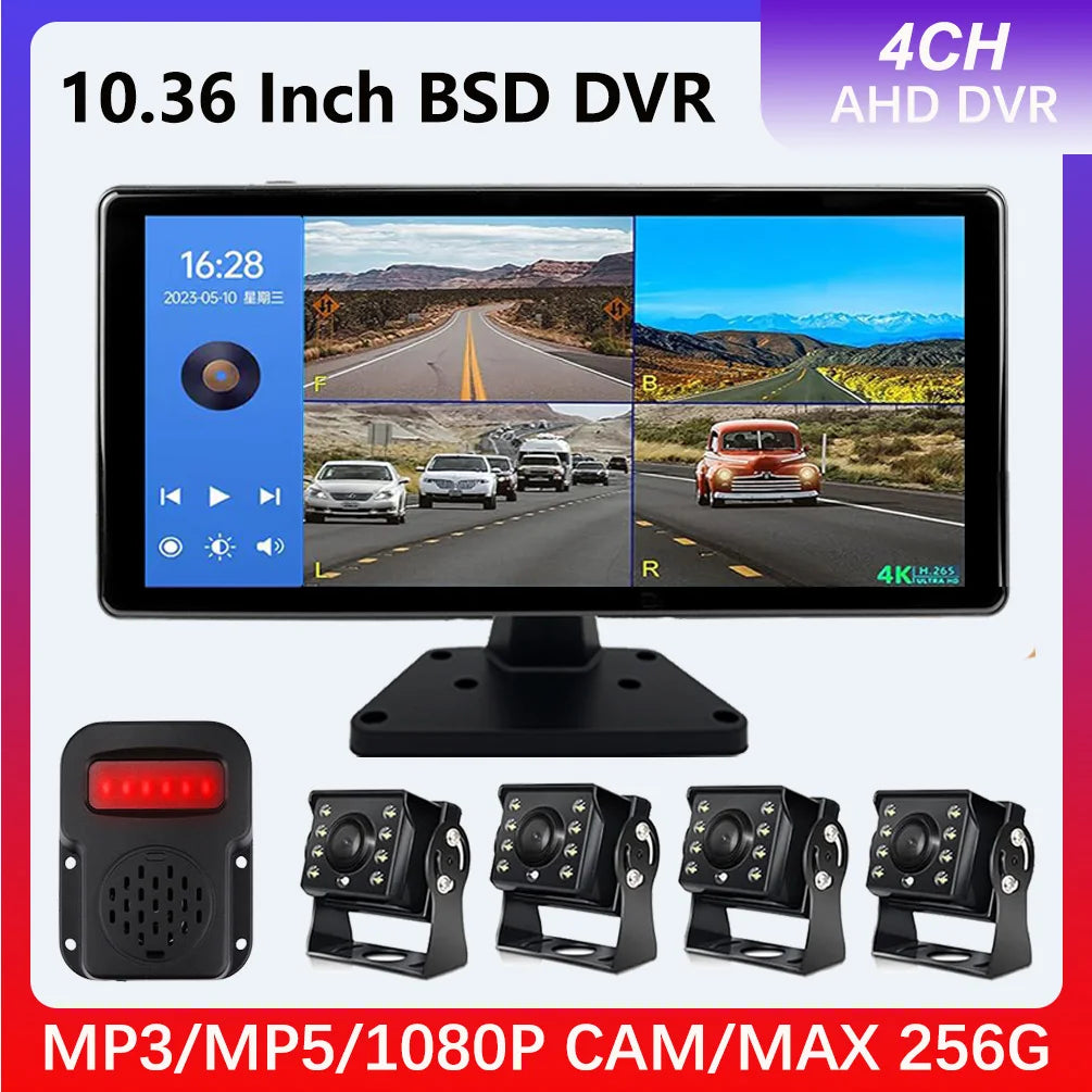 10.36 "4 Channel Recorder Smart Blind Spot Radar BSD Alarm Car DVR Monitor with 4 PCS AHD 1080P IR Camera For Truck Bus