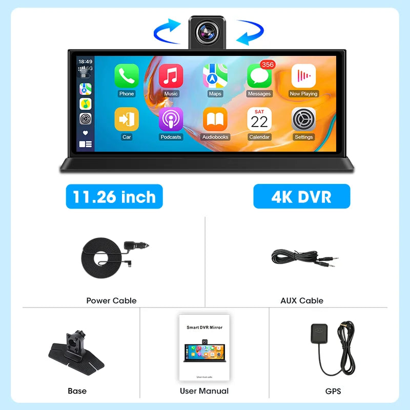 10.26/11.26 inch 4K Dashcam Wireless Carplay Android Auto Car DVR Rearview Camera Video Recorder Multimedia Car Accessorie FM