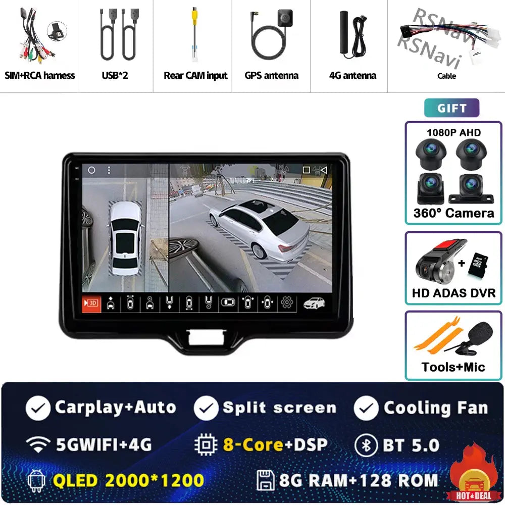 2K 8G-128G 360 DVR Color Android Car Stereo For Toyota Yaris QLED 2K GPS CarPlay