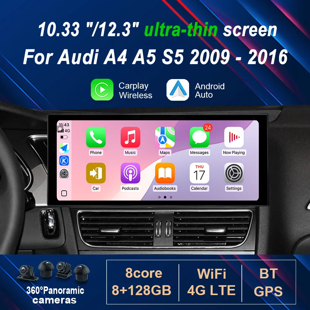 10.33 "/12.3"  for Audi A4 A5 S5 2009 - 2016 Wireless Carplay HD Touch Screen Android 14 Car Radio Video Multimedia Player