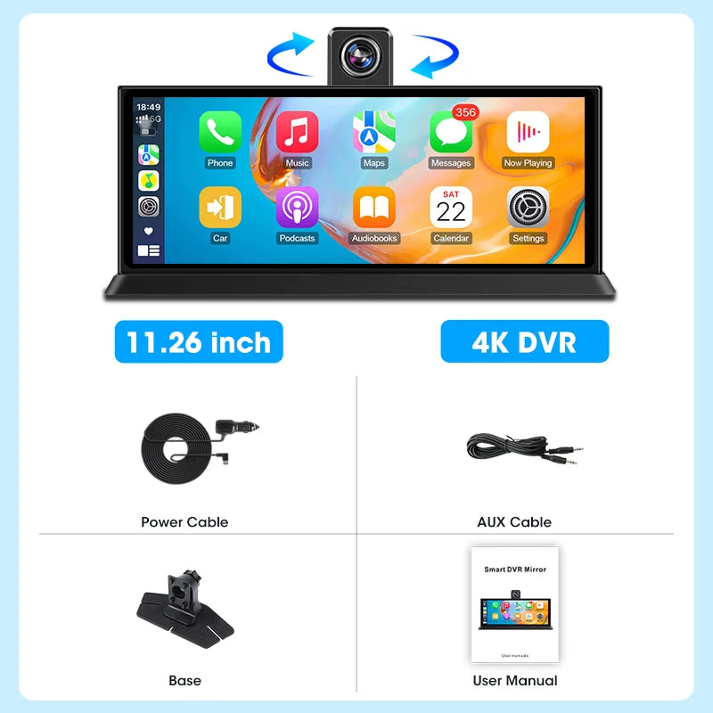 10.26/11.26 inch 4K Dashcam Wireless Carplay Android Auto Car DVR Rearview Camera Video Recorder Multimedia Car Accessorie FM