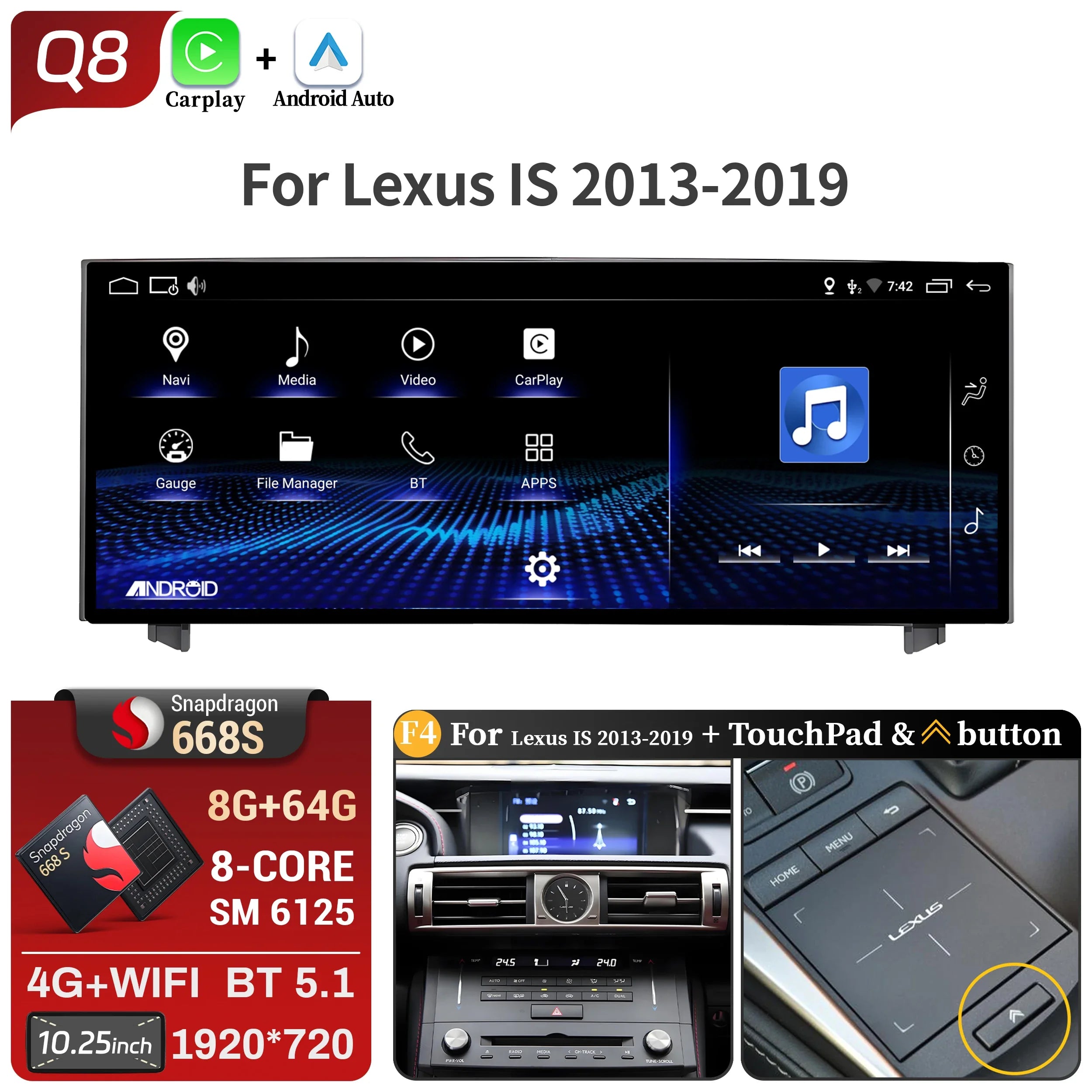 10.25"Android 14 For Lexus IS RC 200 250 300 350 200t 300h 2013-2019 Car Radio Multimedia CarPlay Snapdragon 668S Touch Screen