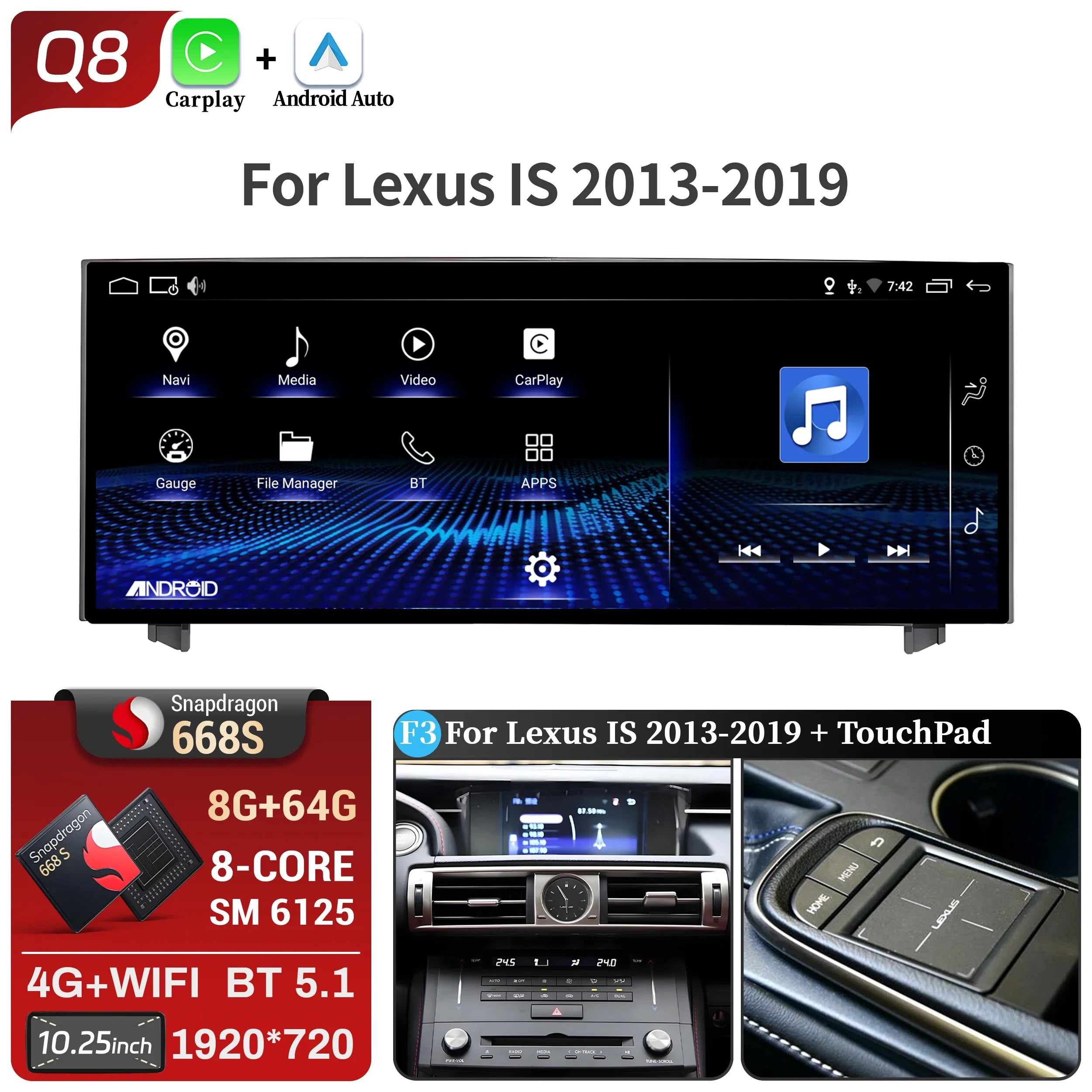 10.25"Android 14 For Lexus IS RC 200 250 300 350 200t 300h 2013-2019 Car Radio Multimedia CarPlay Snapdragon 668S Touch Screen