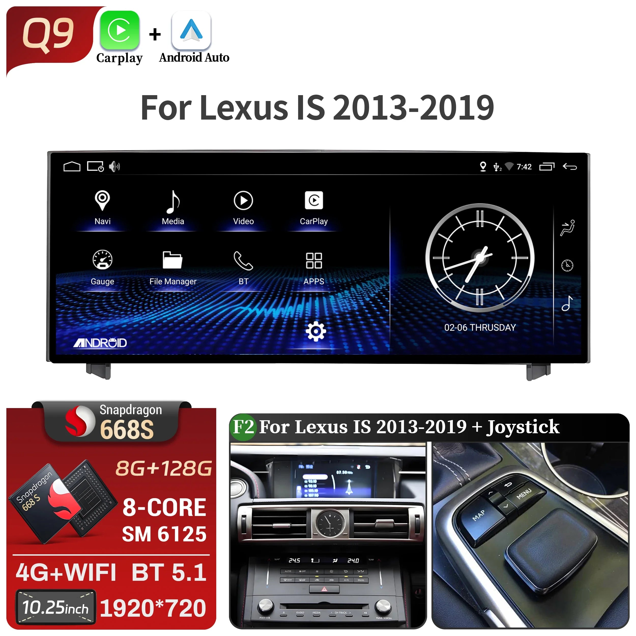 10.25"Android 14 For Lexus IS RC 200 250 300 350 200t 300h 2013-2019 Car Radio Multimedia CarPlay Snapdragon 668S Touch Screen