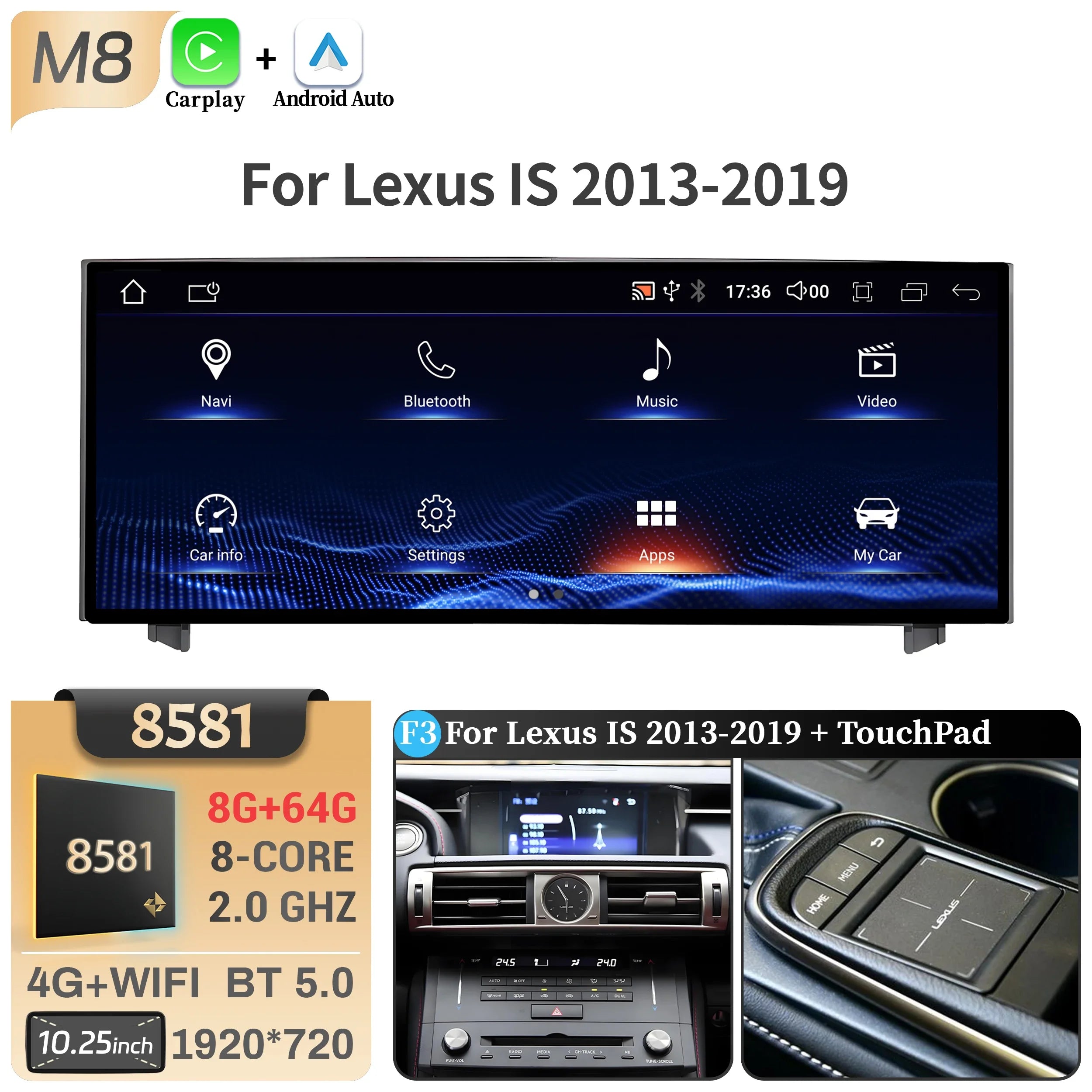 10.25"Android 14 For Lexus IS RC 200 250 300 350 200t 300h 2013-2019 Car Radio Multimedia CarPlay Snapdragon 668S Touch Screen