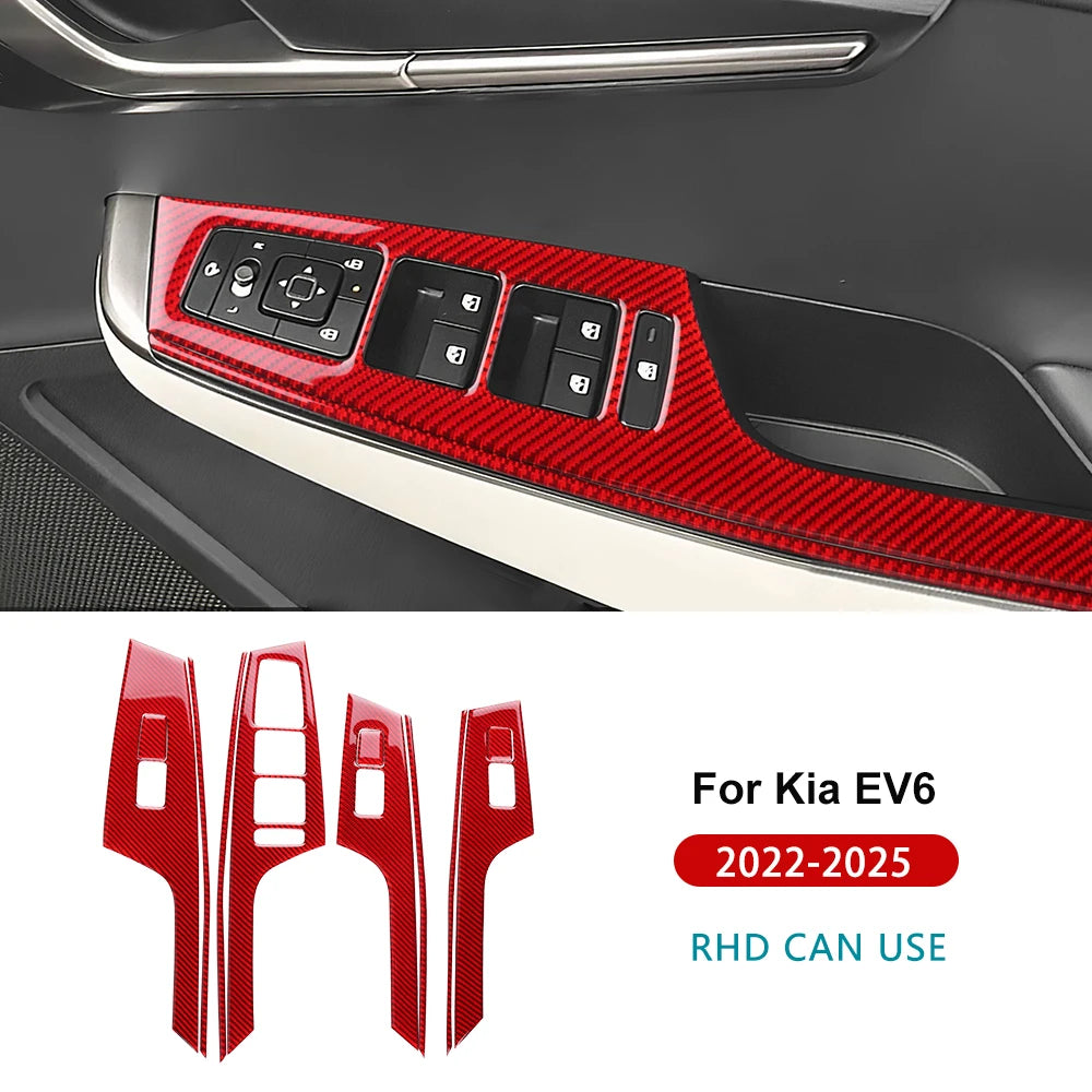 Real Soft Carbon Fiber Sticker For Kia EV6 GT EV 2022 2023 2024 2025 LHD RHD Car Window Lift Button Decor Frame Interior Trim